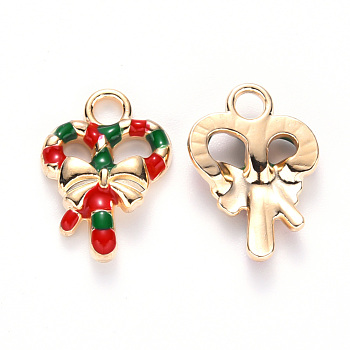 Alloy Enamel Pendants, for Christmas, Heart with Bowknot, Light Gold, Red, 18x13x3mm, Hole: 2.5mm