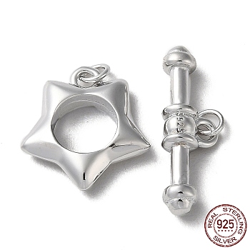 Rhodium Plated 925 Sterling Silver Toggle Clasps, Long-Lasting Plated, Star with 925 Stamp, Real Platinum Plated, Star: 12.5x11.5x2.5mm, Bar: 5.5x7x3mm