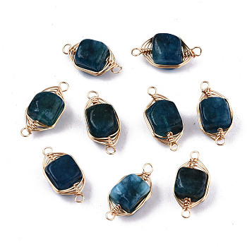 Natural Agate Links Connectors, Light Gold Tone Brass Wire Wrapped, Cube, Teal, 17x8.5x7mm, Hole: 1.6mm