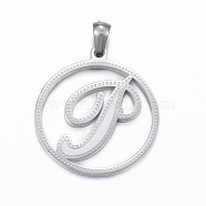 304 Stainless Steel Pendants, Flat Round with Letter.J, Stainless Steel Color, 28x25x1.2mm, Hole: 6x3mm(STAS-K162-052P)