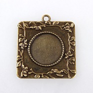Vintage Tibetan Style Alloy Square Carved Branch Pendant Cabochon Bezel Settings, Cadmium Free & Nickel Free & Lead Free, Antique Bronze, Flat Round Tray: 20mm, 40.5x36x2mm, Hole: 3mm(X-TIBEP-M018-17AB-NF)
