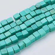 Natural Magnesite Beads Strands, Dyed, Cube, Medium Turquoise, 4~5x4~5x4~5mm, Hole: 1mm, about 90pcs/strands, 16.1 inch(41cm)(TURQ-K003-24)