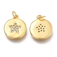 Brass Micro Pave Clear Cubic Zirconia Pendants, Flat Round with Star, Real 18K Gold Plated, 14.5x12x1.8mm, Hole: 2.6mm(ZIRC-O036-57G)