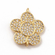 Brass Micro Pave Cubic Zirconia Connector Charms, Cadmium Free & Lead Free, Long-Lasting Plated, Flower, Real 18K Gold Plated, 16x19x2.5mm, Hole: 1.2mm and 1.5mm(KK-B059-03G)