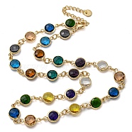 Glass Necklace, Multi Color Brass Link Necklaces, Round, 16.57 inch(421mm)(NJEW-C047-01A-KCG)