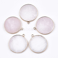 Natural Rose Quartz Pendants, with Brass Findings, Flat Round, Golden, 35~36x31~32x3mm, Hole: 2mm(G-T112-24O)