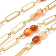 Natural Carnelian Nugget Beaded Chains, with Rack Plating Brass Oval Link Chains, Unwelded, Long-Lasting Plated, Lead Free & Cadmium Free, Real 18K Gold Plated, 29~35x8~9x5.5~7.5mm, 22x6x1mm, 9x6.5x1mm(CHC-H105-03G)