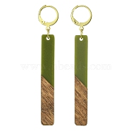 Two Tone Resin & Walnut Wood Rectangle Dangle Leverback Earrings, Golden 304 Stainless Steel Long Drop Earrings, Dark Olive Green, 68x12mm(EJEW-JE05503-03)