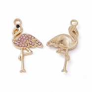 Alloy Rhinestone Pendants, Flamingo Charm, Light Gold, Light Padparadscha, 28x15x2.5mm, Hole: 2mm(PALLOY-P287-16LG-03)