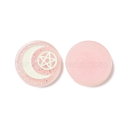 Resin Cabochons, with Glitter Powder, Flat Round with Moon & Pentagram Pattern, Pink, 29x5.5mm(RESI-G055-02F)