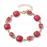 Dyed Natural White Jade Square & Alloy Link Chain Bracelets for Women, Crimson, 8-1/8 inch(20.5cm)(BJEW-JB10129)