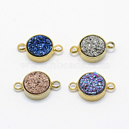 Druzy Resin Links connectors, with Brass Findings, Flat Round, Golden, Mixed Color, 14.5x9x3~3.5mm, Hole: 1mm(G-P330-20)