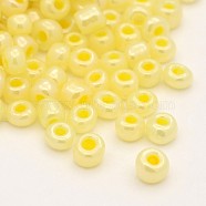 8/0 Ceylon Round Glass Seed Beads, Champagne Yellow, Size: about 3mm in diameter, hole:1mm, about 1101pcs/50g(X-SEED-A011-3mm-153)