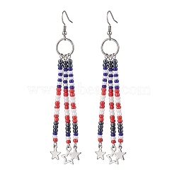 304 Stainless Steel Star Dangle Earrings, Glass Seed Beaded Tassel Earrings, Colorful, 97x23mm(EJEW-MZ00122)