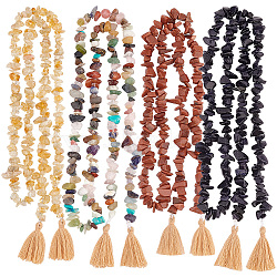 Gemstone Chips Pendant Decorations, with Handmade Polycotton Tassel Decorations, 750mm, 4pcs/set(HJEW-AB00564)