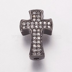Brass Cubic Zirconia Beads, Cross, Clear, Gunmetal, 14x9x3.5mm, Hole: 1mm(KK-P134-09B)