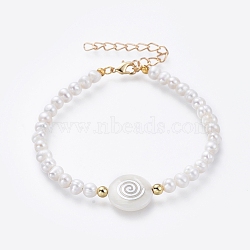 Natural Freshwater Pearl Beaded Bracelets, with Flat Round Freshwater Shell Beads and Brass Beads, Vortex Pattern, 7-5/8 inch(19.3cm)(BJEW-JB05123-03)
