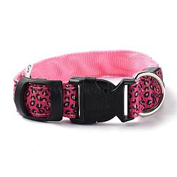 Adjustable Polyester LED Dog Collar, with Water Resistant Flashing Light and Plastic Buckle, Built-in Battery, Leopard Print Pattern, Hot Pink, 355~535mm(MP-H001-A05)