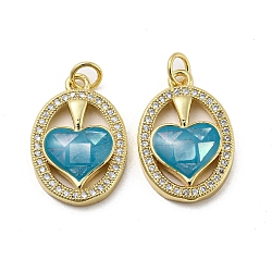 Brass Micro Pave Cubic Zirconia Pendants, with Enamel Shell, Oval with Heart, Dark Turquoise, 21x14x4mm(KK-H457-01G-04)