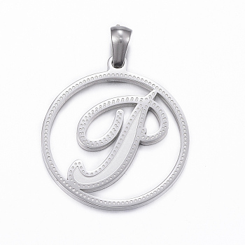 304 Stainless Steel Pendants, Flat Round with Letter.J, Stainless Steel Color, 28x25x1.2mm, Hole: 6x3mm