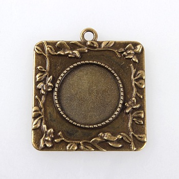Vintage Tibetan Style Alloy Square Carved Branch Pendant Cabochon Bezel Settings, Cadmium Free & Nickel Free & Lead Free, Antique Bronze, Flat Round Tray: 20mm, 40.5x36x2mm, Hole: 3mm