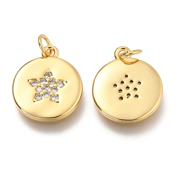 Brass Micro Pave Clear Cubic Zirconia Pendants, Flat Round with Star, Real 18K Gold Plated, 14.5x12x1.8mm, Hole: 2.6mm