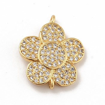 Brass Micro Pave Cubic Zirconia Connector Charms, Cadmium Free & Lead Free, Long-Lasting Plated, Flower, Real 18K Gold Plated, 16x19x2.5mm, Hole: 1.2mm and 1.5mm