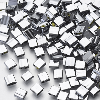 Electroplate Glass Seed Beads, 2-Hole, Rectangle, Platinum Plated, 5x4.5~5.5x2~2.5mm, Hole: 0.5~0.8mm