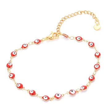 304 Stainless Steel Link Bracelets, with Enamel and Lobster Claw Clasps, Evil Eye, Red, Golden, 7-7/8 inch(20cm)