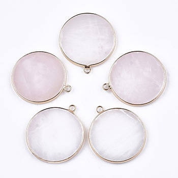 Natural Rose Quartz Pendants, with Brass Findings, Flat Round, Golden, 35~36x31~32x3mm, Hole: 2mm