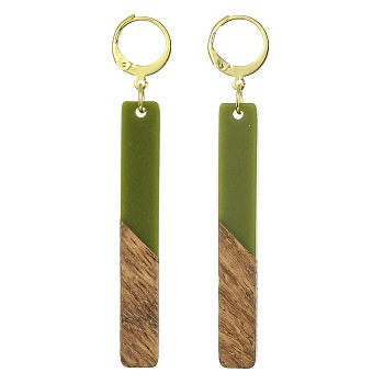 Two Tone Resin & Walnut Wood Rectangle Dangle Leverback Earrings, Golden 304 Stainless Steel Long Drop Earrings, Dark Olive Green, 68x12mm