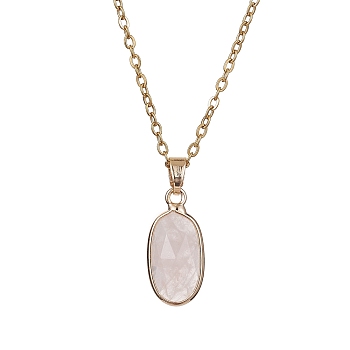 Natural Rose Quartz Oval Pendant Necklace, with Golden 304 Stainless Steel Cable Chains, 16.02 inch(40.7cm)