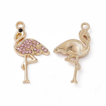 Alloy Rhinestone Pendants, Flamingo Charm, Light Gold, Light Padparadscha, 28x15x2.5mm, Hole: 2mm