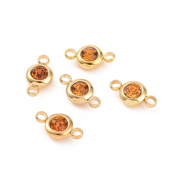 304 Stainless Steel Rhinestone Links connectors, Flat Round, Golden, Topaz, 12x6.5x4mm, Hole: 2mm