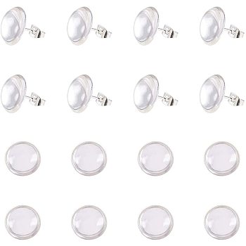 DIY Jewelry Making, with Brass Stud Earring Cabochon Settings and Clear Glass Cabochons, Flat Round, Silver, Tray: 12mm, 14x14mm, Pin: 0.7mm, 50pcs/box
