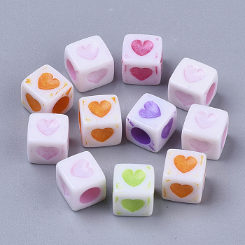 Spray Painted Acrylic Beads, Dyed, Cube with Heart, Mixed Color, 7x6.5x6.5mm, Hole: 3.5mm, about 2000pcs/500g