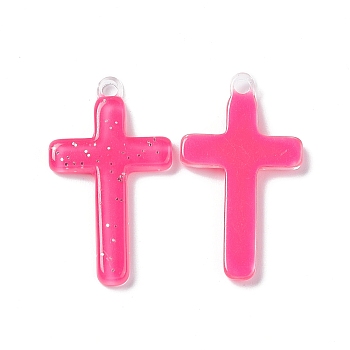 Opaque Acrylic Pendants, with Sequins, Cross Charm, Deep Pink, 32x18.5x3mm, Hole: 2mm