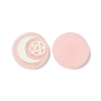Resin Cabochons, with Glitter Powder, Flat Round with Moon & Pentagram Pattern, Pink, 29x5.5mm