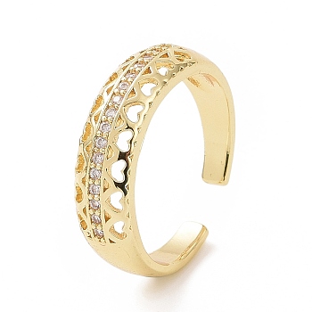 Clear Cubic Zirconia Hollow Out Heart Open Cuff Ring, Brass Jewelry for Women, Golden, Inner Diameter: 17mm
