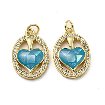 Brass Micro Pave Cubic Zirconia Pendants, with Enamel Shell, Oval with Heart, Dark Turquoise, 21x14x4mm