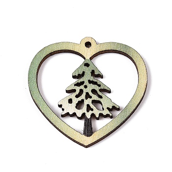 Printed Poplar Wood Pendants, Christmas Series, Christmas Tree, 35x36.5x2mm, Hole: 1.6mm