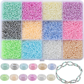 9600Pcs 12 Colors 11/0 Glass Seed Beads, Ceylon, Round, Mixed Color, 2mm, Hole: 1mm, about 800Pcs/color