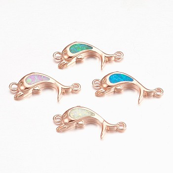 Synthetic Opal Links connectors, with Brass Findings, Dolphin Shape, Rose Gold, Mixed Color, 8x18x2.5mm, Hole: 1mm