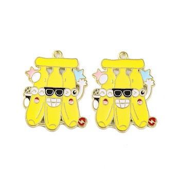 Golden Plated Alloy Enamel Pendants, Cadmium Free & Lead Free, Cartoon Fruits with Microphone, Banana, 33x25x1mm, Hole: 1.8mm