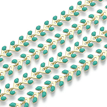 Brass Cobs Chain, with Enamel, Long-Lasting Plated, Soldered, Light Gold, Turquoise, Link: 7x6.5x2mm
