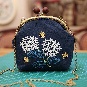 DIY Wood Bead Kiss Lock Coin Purse Embroidery Kit, Including Embroidered Fabric, Embroidery Needles & Thread, Metal Purse Handle, Dandelion Pattern, Prussian Blue, 210x165x40mm