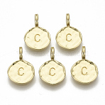 Alloy Pendants, Cadmium Free & Nickel Free & Lead Free, Flat Round with Letter, Real 18K Gold Plated, Letter.C, 17x11.5x1.5mm, Hole: 2.5mm(PALLOY-N157-004C-NR)