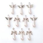 Acrylic Imitation Pearl with Alloy Pendants, with Stainless Steel Color Tone 304 Stainless Steel Loops, Angel Charm, Antique Silver, 34~35x18~22x8mm, Hole: 1.5~2.5mm, 2 style, 5pcs/style, 10pcs/set(PALLOY-YW00001)