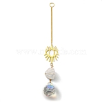 Wire Wrapped Nuggets Natural Quartz Crystal Pendant Decorations, Brass Evil Eye and Glass Round Tassels Hanging Ornaments, 253mm, Hole: 11mm(HJEW-C008-02A-G)