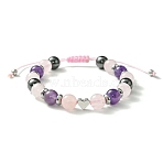 Natural Rose Quartz & Amethyst & Brass Heart Braided Bead Bracelet, Adjustable Bracelet for Women, Inner Diameter: 2-1/8~3-3/8 inch(5.4~8.6cm)(BJEW-JB09703-03)
